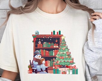 Snow Man Shirt Christmas Reading Shirt Library Tee Book Lover Tee Bookworm Christmas Tshirt Christmas Book Tree  Book Lovers Christmas