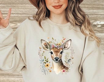 Vintage Victorian Woodland Deer Sweatshirt Whimsical Forest Stag Sweater Nature Wood Creature Animal Fawn Top Goblincore Cottage Core Goblin