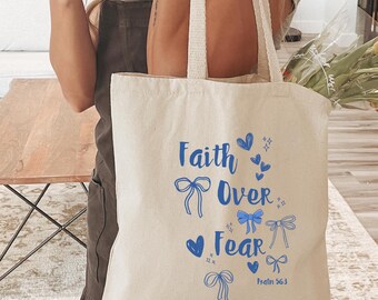 Faith over Fear Tote Bag  Church bag Christian tote bags Christian merch Bible tote Coquette Tote Bag Jesus tote Bible bag Boho