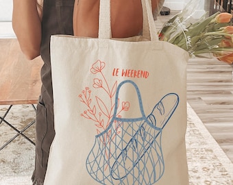 French Style Weekend Tote Bag, Retro Graphic Canvas Tote, Summer Tomato Girl Baguette, Vintage Aesthetic Carryall, Le Weekend Shoulder Bag,