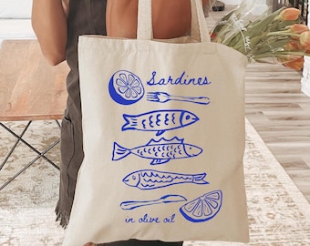 Sardines Tote Bag - Eco-Friendly Shopping Beach or Grocery Bag Funny Gift for Fish Lovers Bohemian Style Fisherman Aesthetic Old Money