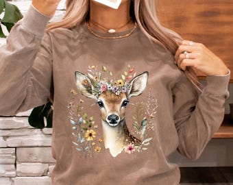 Vintage Woodland Deer Long Sleeve T-Shirt Nature Forest Animal Sweater Goblincore Top Cottage Core Clothing Victorian Stag Comfort Colors
