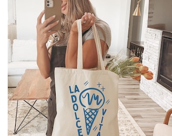 La Dolce Vita-draagtas ijs, milieuvriendelijke katoenen draagtas, boodschappentas, zomerstrandtas, cadeau voor ijsliefhebbers