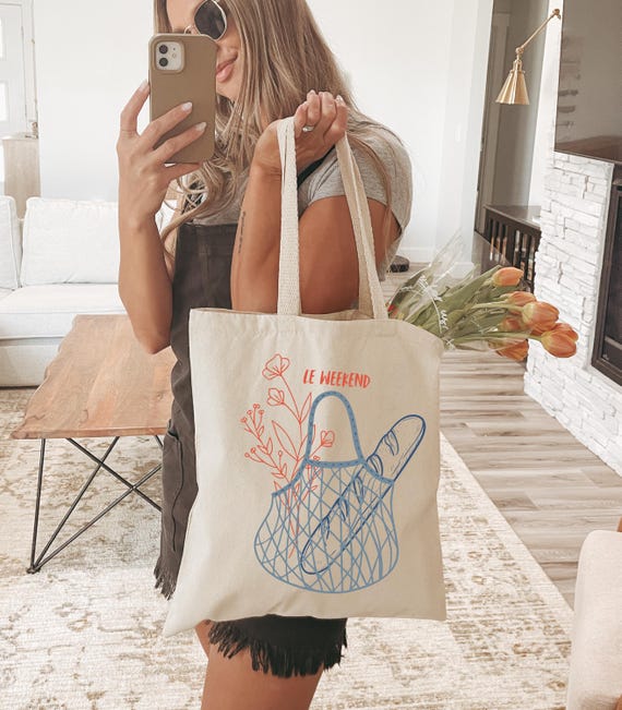 Grocery Bag With Baguette French Style Weekend Tote Bag, Retro