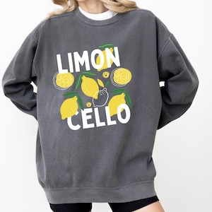 May include: A dark gray sweatshirt with a white graphic print of lemons and the text "LIMON CELLO".