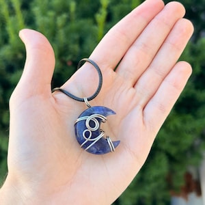 Crescent Moon Pendant, Wire Wrapped Crystal Necklace