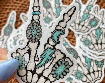 Skeleton Peace Sign Waterproof Sticker, Country Cowgirl Western Sticker for Tumbler, Turquoise Lover Sticker, Aesthetic sticker for laptop
