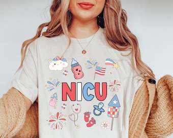 NICU 4th of July shirt Patriotic Fourth of July Neonatal ICU Nurse Tee Gift for Neonatal Intensive Care Unit RN Nicu Tech Firecrackers