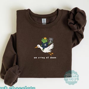 May include: A dark chocolate brown crewneck sweatshirt featuring an embroidered graphic of a green frog wearing a yellow crown and blue scrubs, riding a white stork while holding an x-ray film. The text below reads, we x-ray at dawn.