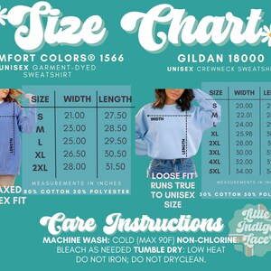 May include: Size chart for unisex sweatshirts in two styles: Comfort Colors&reg; 1566 and Gildan 18000. The chart shows measurements in inches for width and length for sizes S through 5XL. The Comfort Colors&reg; sweatshirt is described as a relaxed fit and is made of 80% cotton and 20% polyester. The Gildan 18000 sweatshirt is described as a loose fit that runs true to size and is made of 50% cotton and 50% polyester.