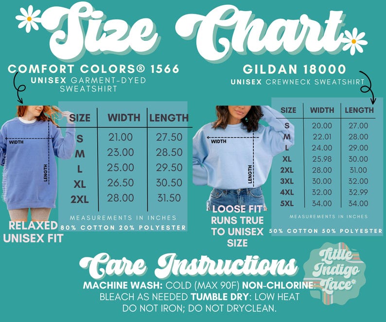 May include: Size chart for unisex sweatshirts in two styles: Comfort Colors&reg; 1566 and Gildan 18000. The chart shows measurements in inches for width and length for sizes S through 5XL. The Comfort Colors&reg; sweatshirt is described as a relaxed fit and is made of 80% cotton and 20% polyester. The Gildan 18000 sweatshirt is described as a loose fit that runs true to size and is made of 50% cotton and 50% polyester.