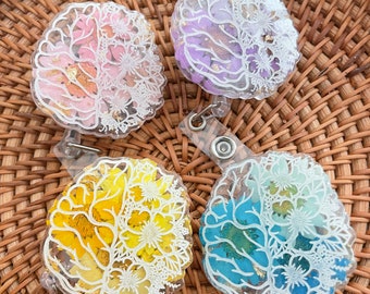 mental health badge reel, floral brain badge reel, Neurologist badge reel, psychologist gift idea, badge reel for social worker, retractable