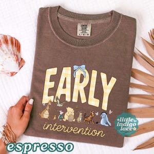 May include: A brown t-shirt featuring the text "EARLY intervention" in yellow gingham and white lettering. Above the text is a light blue bow. Below the text are illustrations of various cartoon characters including a kangaroo, piglet, bear, rabbit, tiger, and donkey.