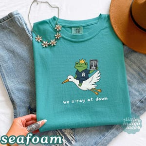 May include: A teal short-sleeved t-shirt featuring a graphic of a frog wearing a crown and scrubs, holding an X-ray while riding a white stork. The text "we x-ray at dawn" is printed below the graphic. The shirt has a crew neckline and a tag.