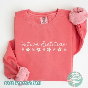 May include: A coral-colored sweatshirt with the words "future dietitian" in white script, decorated with small white daisy graphics. The word "watermelon" is printed in a teal font at the bottom. A pink scrunchie is on the sleeve.
