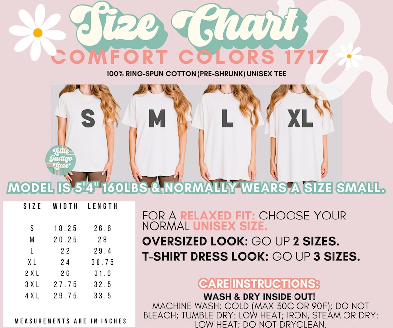 May include: Size chart for Comfort Colors 1717 unisex tee shirts. The chart includes measurements in inches for sizes S to 4XL. The image shows models wearing the shirts and provides care instructions.