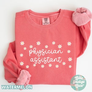 May include: A pink sweatshirt with the text "physician assistant" in white cursive lettering surrounded by white daisies. The sweatshirt is folded in half and the brand label is visible.