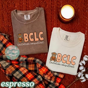 May include: Two Comfort Colors t-shirts, one espresso and one cream, with the text "BCLC lactation consultant" and a bear holding a pumpkin. A plaid shirt and lit candle are also in the image.