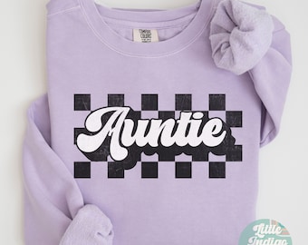 Checkered Retro Auntie Sweatshirt, New Aunt Gift, Pregnancy Announcement sweater, Auntie Crewneck Sweater, Gift for Aunt