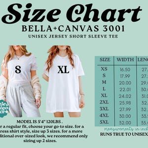 Może przedstawiać: Tabela rozmiar&oacute;w koszulki unisex Bella+Canvas 3001 z dwoma białymi t-shirtami oznaczonymi jako S i XL. Tabela zawiera szerokości i długości od XS do 5XL w calach. Tekst zawiera zalecenia dotyczące rozmiaru oraz szczeg&oacute;ły.