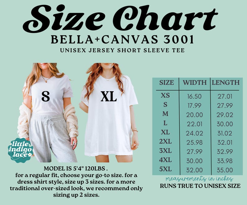 Może przedstawiać: Tabela rozmiar&oacute;w koszulki unisex Bella+Canvas 3001 z dwoma białymi t-shirtami oznaczonymi jako S i XL. Tabela zawiera szerokości i długości od XS do 5XL w calach. Tekst zawiera zalecenia dotyczące rozmiaru oraz szczeg&oacute;ły.