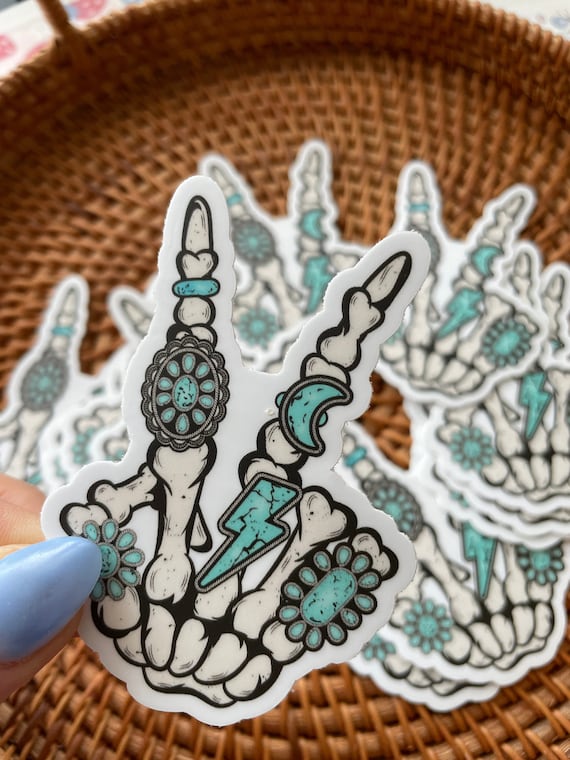 Skeleton Peace Sign Waterproof Sticker, Country Cowgirl Western Sticker for Tumbler, Turquoise Lover Sticker, Aesthetic sticker for laptop
