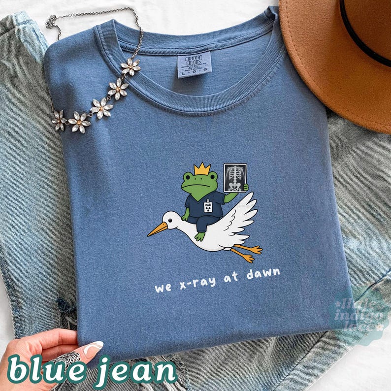 May include: A blue crew neck t-shirt featuring a graphic of a green frog wearing a yellow crown and blue scrubs, riding a white stork while holding an x-ray film. The text below the graphic reads, we x-ray at dawn. The shirt has a Comfort Colors label.