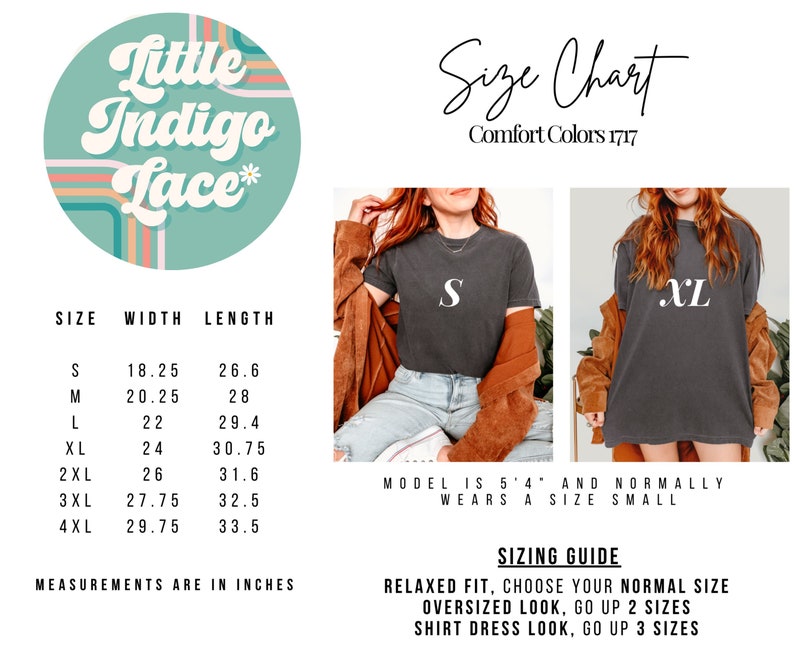 Op de afbeelding: Maattabel voor een T-shirt met afmetingen in inches. De tabel toont de breedte en lengte van het T-shirt in verschillende maten, van S tot 4XL. Het model is 1,63 m lang en draagt maat S. De tabel bevat ook een maatgids voor een ontspannen pasvorm, een oversized look en een shirtjurk-look.