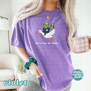 May include: A purple short-sleeve t-shirt featuring a graphic of a green frog wearing a crown and blue scrubs, riding a white stork while holding an x-ray. The text "we x-ray at dawn" is printed below the graphic in white lowercase letters.