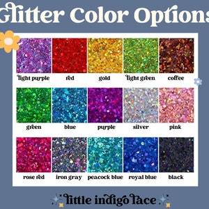 Pu&ograve; includere: Un grafico che mostra 12 diversi colori di glitter. I colori sono: lilla chiaro, rosso, oro, verde chiaro, caff&egrave;, verde, blu, viola, argento, rosa, rosso rosa, grigio ferro, blu pavone, blu reale e nero.