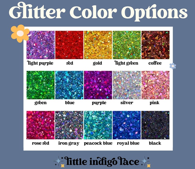 Pu&ograve; includere: Un grafico che mostra 12 diversi colori di glitter. I colori sono: lilla chiaro, rosso, oro, verde chiaro, caff&egrave;, verde, blu, viola, argento, rosa, rosso rosa, grigio ferro, blu pavone, blu reale e nero.