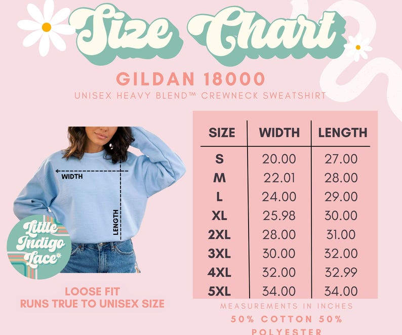May include: Size chart for a Gildan 18000 unisex heavy blend crewneck sweatshirt. The chart shows the width and length in inches for sizes S through 5XL. The sweatshirt is 50% cotton and 50% polyester.