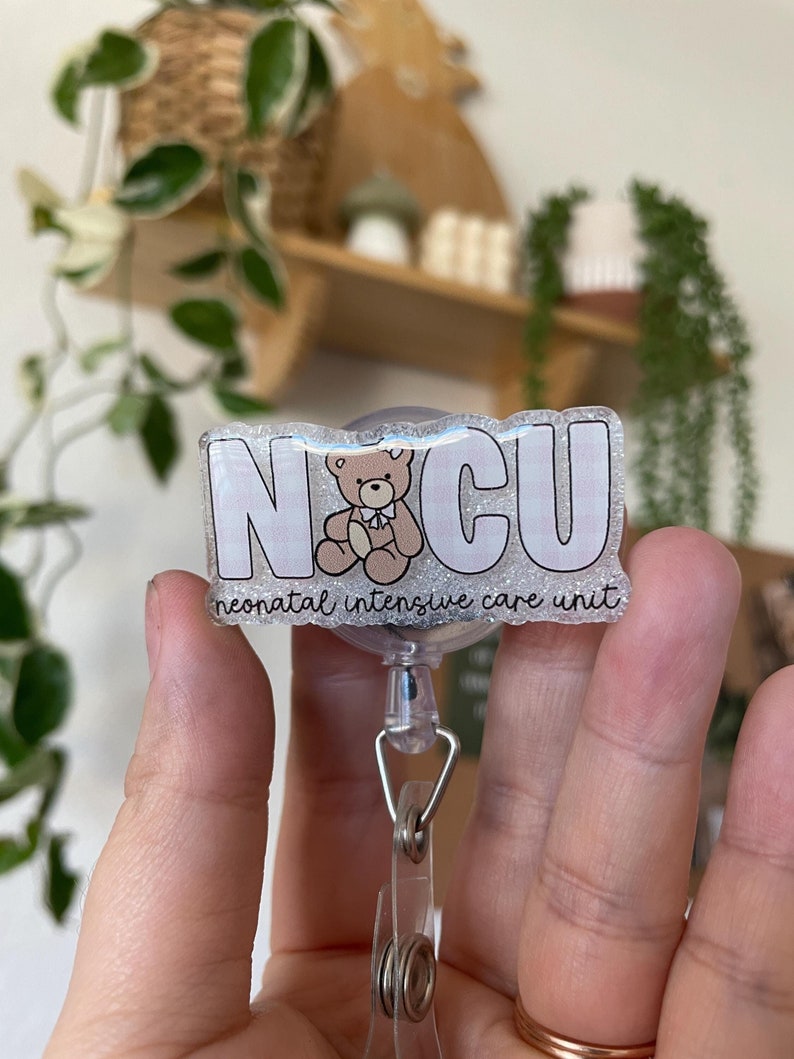 Pink Gingham Print Bear NICU Badge Reel