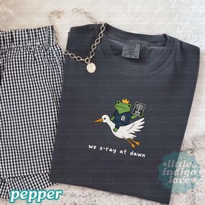 May include: A charcoal gray t-shirt featuring a graphic of a green frog wearing a crown and scrubs, riding a white stork while holding an x-ray. The text below reads we x-ray at dawn. A silver chain necklace rests on the collar, and black and white gingham shorts are visible to the left.