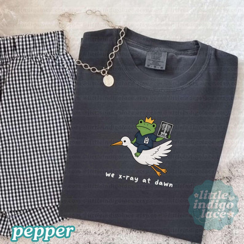 May include: A charcoal gray t-shirt featuring a graphic of a green frog wearing a crown and scrubs, riding a white stork while holding an x-ray. The text below reads we x-ray at dawn. A silver chain necklace rests on the collar, and black and white gingham shorts are visible to the left.