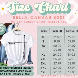 Puede incluir: Tabla de tallas para la camiseta de manga corta de jersey unisex Bella + Canvas 3001. La tabla muestra las medidas en pulgadas para el ancho y la longitud para las tallas XS a 5XL.