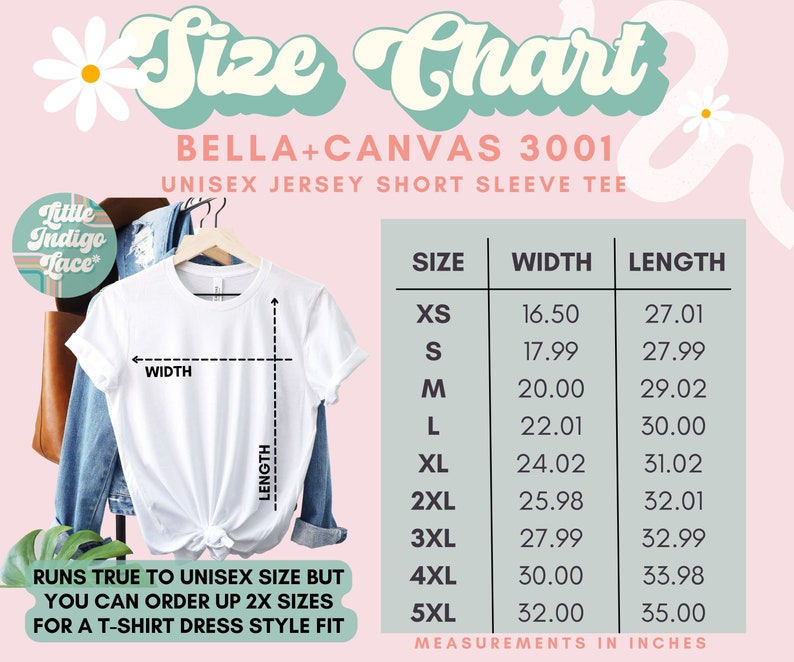 Puede incluir: Tabla de tallas para la camiseta de manga corta de jersey unisex Bella + Canvas 3001. La tabla muestra las medidas en pulgadas para el ancho y la longitud para las tallas XS a 5XL.
