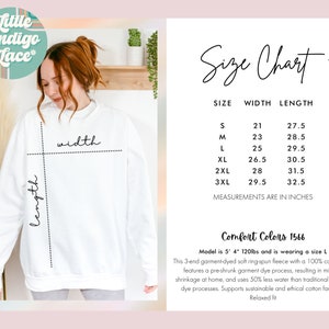 May include: Size chart for a white sweatshirt with measurements in inches. The chart shows the width and length of the sweatshirt in sizes S through 3XL. The model is wearing a size L and is 5'4" tall and weighs 120 lbs. The sweatshirt is made of 100% cotton fleece and is garment-dyed for a soft, comfortable feel. The sweatshirt is pre-shrunk and uses 50% less water than traditional pigment dye processes. The sweatshirt is a relaxed fit.