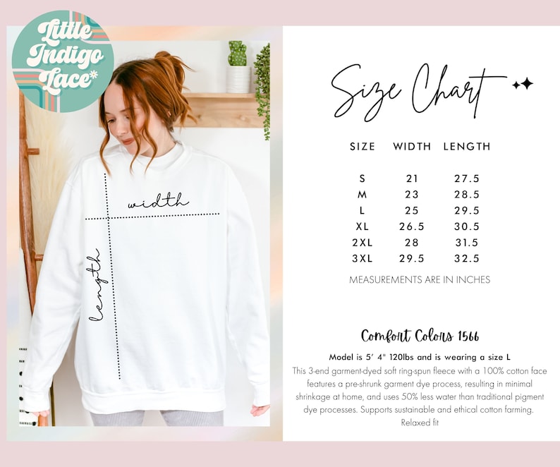 May include: Size chart for a white sweatshirt with measurements in inches. The chart shows the width and length of the sweatshirt in sizes S through 3XL. The model is wearing a size L and is 5'4" tall and weighs 120 lbs. The sweatshirt is made of 100% cotton fleece and is garment-dyed for a soft, comfortable feel. The sweatshirt is pre-shrunk and uses 50% less water than traditional pigment dye processes. The sweatshirt is a relaxed fit.