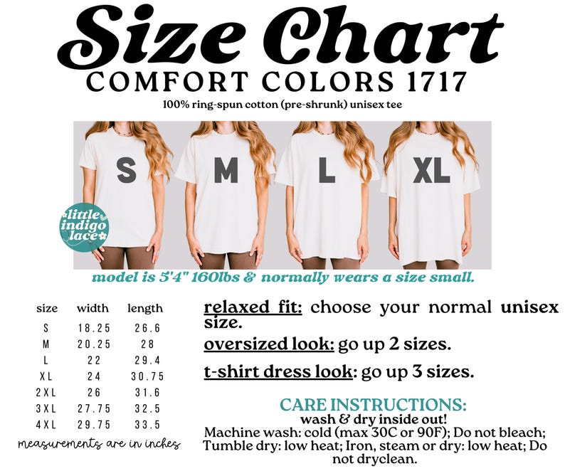 K&ouml;nnte beinhalten: Gr&ouml;&szlig;entabelle f&uuml;r Comfort Colors 1717 Unisex-T-Shirts. Die Tabelle enth&auml;lt Ma&szlig;e in Zoll f&uuml;r die Gr&ouml;&szlig;en S bis 4XL. Das Bild zeigt Models, die die Shirts tragen, mit Anweisungen f&uuml;r entspannte, &uuml;bergro&szlig;e und T-Shirt-Kleid-Passformen.