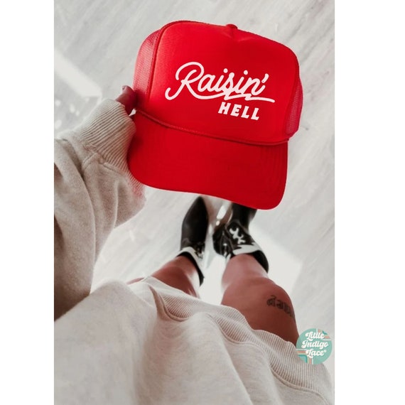 Raisin' Hell Trucker Hat, Red Western Trucker Hat, Distressed Vintage Inspired Aesthetic, Country Concert Hat, Trendy River Lake Life Cap
