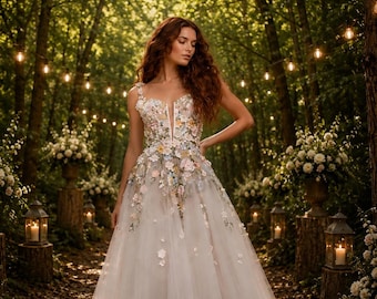 Märchenhaftes Brautkleid | Brautkleid mit 3D-Blumenmuster | Maßanfertigung möglich