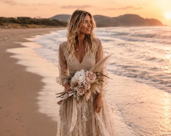 Boho Lace Long Sleeve Beach Bridal Dress
