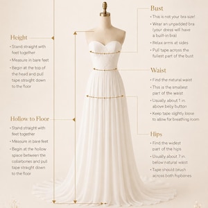 K&ouml;nnte beinhalten: Eine Infografik mit dem Titel HOW TO MEASURE For the perfect fit, die ein wei&szlig;es tr&auml;gerloses Kleid auf einer Schneiderpuppe zeigt. Sie enth&auml;lt Diagramme und Text zur Messung von K&ouml;rpergr&ouml;&szlig;e, Hohlraum bis Boden, Brust, Taille und H&uuml;fte in Zentimetern.