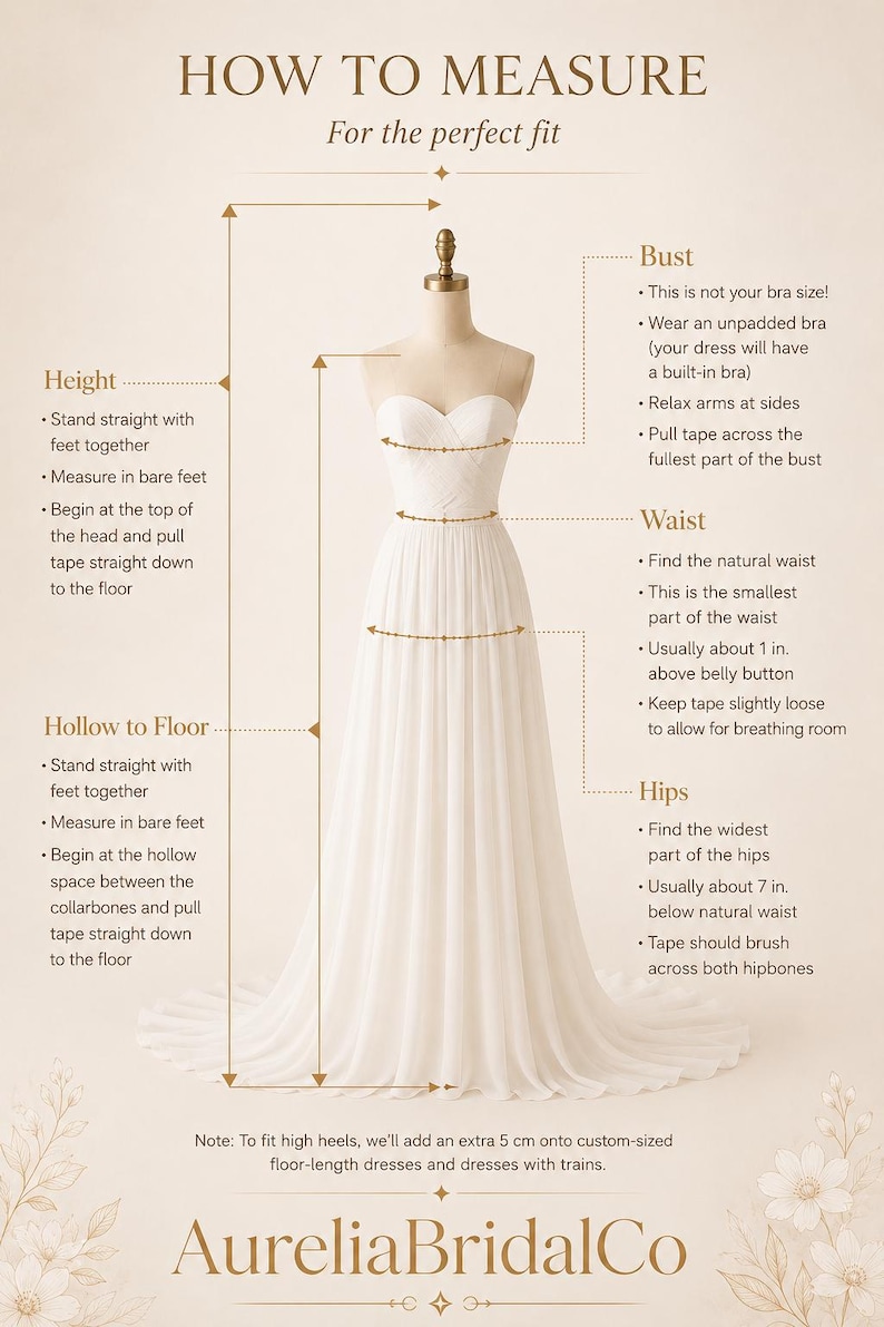 K&ouml;nnte beinhalten: Eine Infografik mit dem Titel HOW TO MEASURE For the perfect fit, die ein wei&szlig;es tr&auml;gerloses Kleid auf einer Schneiderpuppe zeigt. Sie enth&auml;lt Diagramme und Text zur Messung von K&ouml;rpergr&ouml;&szlig;e, Hohlraum bis Boden, Brust, Taille und H&uuml;fte in Zentimetern.