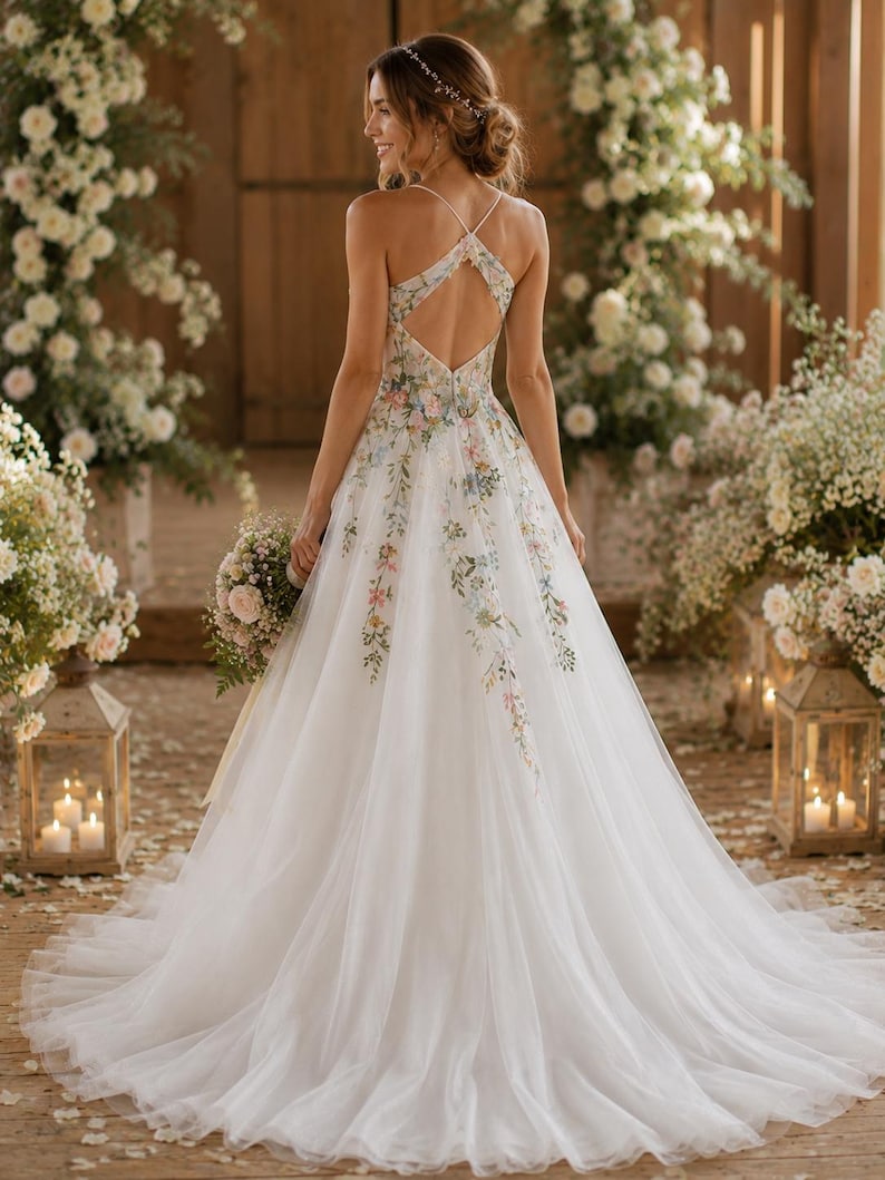 Brautkleid mit Wildblumenstickerei | A-Linien-Brautkleid aus Tüll | (Maßanfertigung) Bild 5