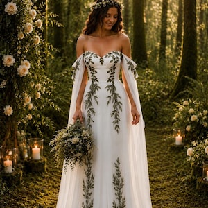 Woodland Wedding Dress| Off-Shoulder Boho Bridal Gown with Leaf Embroidery