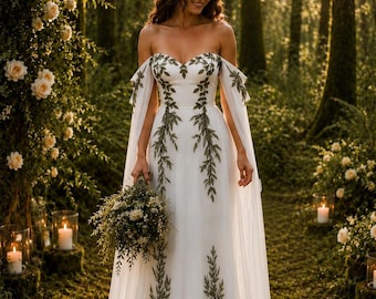 Woodland Wedding Dress| Off-Shoulder Boho Bridal Gown with Leaf Embroidery