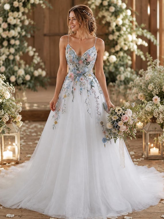 Wildflower Embroidered Wedding Dress | A-Line Tulle Wedding Dress | (Custom Size)