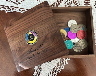 Sobriety Coin Box in Walnut – AA / NA Chip & Recovery Keepsake – Service, Unity, Recovery